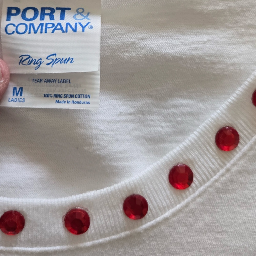 Port Company White Short Sleeve T-Shirt w/Ruby Red Sparkle Shoe Design | M| - Picture 9 of 10